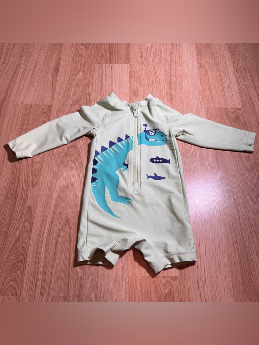 Light green and Teal Dino Print Kids One-Piece Swimsuit